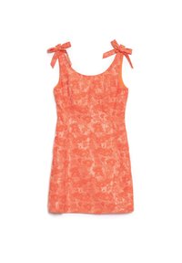 Κοραλλί φόρεμα με floral μοτίβο, χωρίς μανίκια και με ρυθμιζόμενες λεπτομέρειες στους ώμους. Λείος υφασμάτινος ιστός και καλή εφαρμογή, μήκους μέχρι το γόνατο.