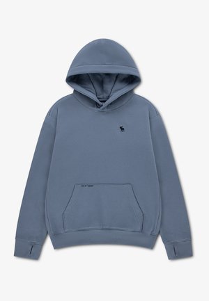 Blauwe hoodie met voorzak, geribbelde manchetten met duimgaten en een klein geborduurd elandlogo op de linkerborst.