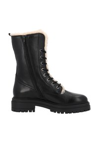 Zwarte leren veterschoen met ritssluiting aan de zijkant en beige schapenvacht voering, chunky zool en enkellaag ontwerp.