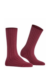 Calze a coste bordeaux realizzate in morbido materiale, con un design alto e punta e tallone rinforzati per una maggiore durata.