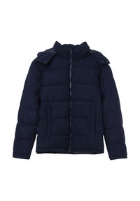 Giacca imbottita blu navy con colletto alto, zip frontale completa e due tasche laterali. Presenta un design trapuntato per calore e isolamento.