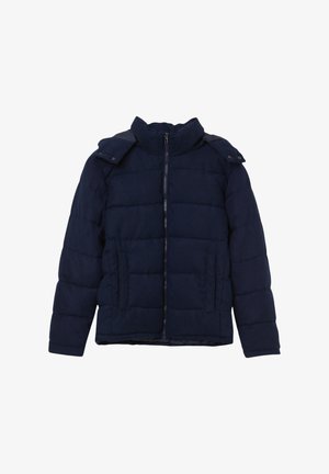Marineblaue Steppjacke mit hohem Kragen, durchgehendem Reißverschluss und zwei seitlichen Taschen. Verfügt über ein gestepptes Design für Wärme und Isolierung.