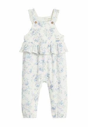 Hvid babydragt med blåt blomsterprint, flæset talje, blonde skulderstropper og detaljer med træknapper på frontstroppene.