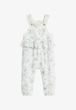 Weißer Baby-Strampler mit blauem Blumenmuster, geraffter Taille, Spitzen-Schulterträgern und Holzknopf-Details an den vorderen Trägern.