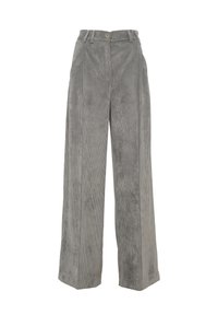 Pantaloni a gamba larga in corduroy grigio con righe verticali, dotati di chiusura frontale con bottone, passanti per cintura e tasche laterali.