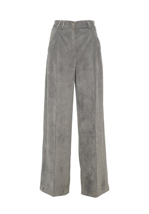 Graue Cord-Hose mit weitem Bein und vertikalen Rippungen, mit einem vorderen Knopfverschluss, Gürtelschlaufen und seitlichen Taschen.