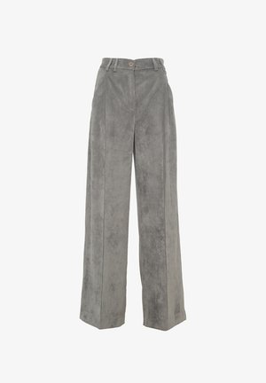Pantaloni a gamba larga in corduroy grigio con righe verticali, dotati di chiusura frontale con bottone, passanti per cintura e tasche laterali.