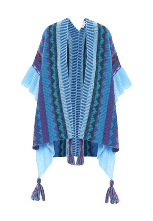 Neuleponcho, jossa on sininen värimaailma ja sahalaitakuviot, frangeeraavat yksityiskohdat ja tupsut helman alareunassa. Pehmeä kangas ja avonainen etuosasuunnittelu.