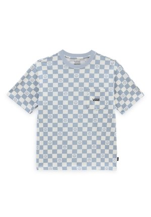 T-shirt Vans à carreaux bleu clair et blanc avec petits symboles de paix et une poche poitrine avant avec le logo Vans.