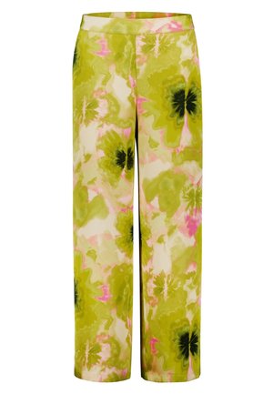 Bukser med vide ben og høj talje, der har et grøn, pink og cremefarvet tie-dye blomsterprint over hele stoffet.