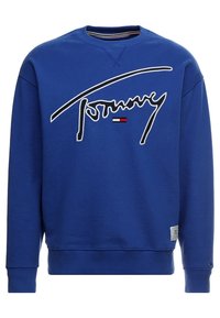 Felpa blu con maniche lunghe, caratterizzata da un grande logo bianco e una piccola toppa tricolore vicino all'orlo. Tessuto misto cotone.