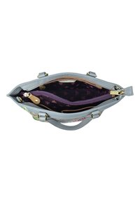 Grijze handtas met bloemenontwerp, leren buitenkant, twee handvatten en een ritsvak. Interieur heeft paarse voering met bloempatroon.