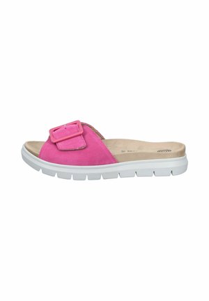 Women's pink slide sandal with a large buckle, beige cushioned footbed, and white rubber sole with grooves.