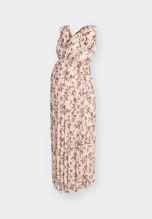 Jasnoróżowa kwiecista sukienka maxi ciążowa z krótkimi falbankowymi rękawami i marszczonym stanem.