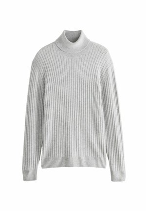 Light gray ribbed turtleneck sweater with long sleeves, featuring a fitted collar and textured pattern throughout the fabric.