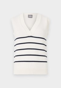 Pull sans manches blanc avec un décolleté en V profond, des rayures horizontales bleu marine et un ourlet côtelé texturé en bas. L'étiquette porte la mention "MM."