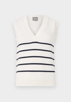 Weißer ärmelloser Pullover mit tiefem V-Ausschnitt, marineblauen horizontalen Streifen und strukturiertem Rippbund am unteren Ende. Das Etikett trägt die Aufschrift "MM."