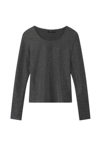 Langarmshirt in donkergrijs met een metallic glans. Heeft een ronde halslijn en een relaxte pasvorm. De stof is soepel met een lichte rek.
