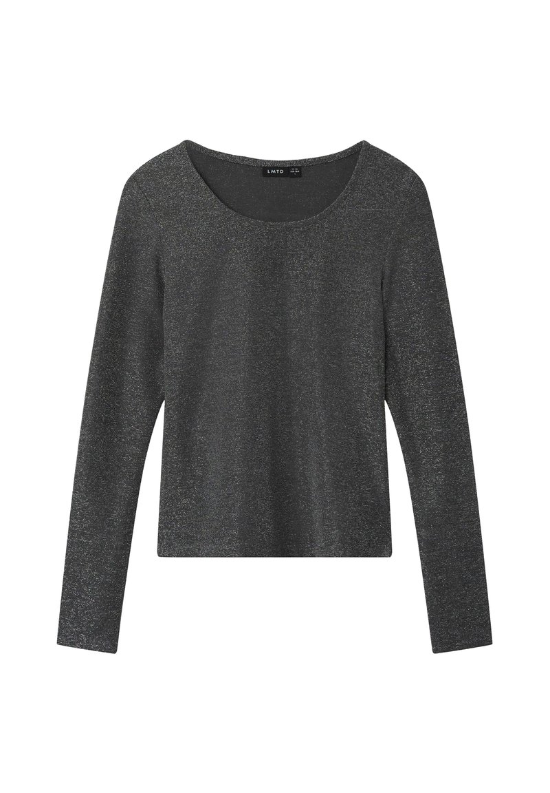 Langarmshirt in donkergrijs met een metallic glans. Heeft een ronde halslijn en een relaxte pasvorm. De stof is soepel met een lichte rek.