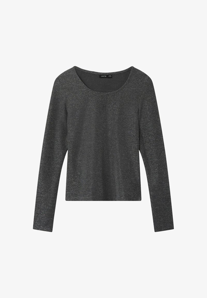 Langärmliges Oberteil in Dunkelgrau mit metallischem Glanz. Verfügt über einen runden Ausschnitt und eine lockere Passform. Der Stoff ist glatt und hat einen leichten Stretch.