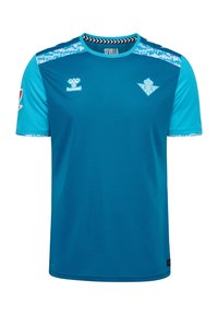 Turquoise sporttrui met ronde hals, korte mouwen en contrasterende blauwe accenten. Bevat logo's op de borst en schouder.