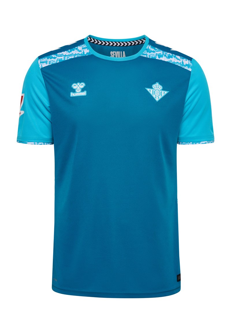 Turquoise sporttrui met ronde hals, korte mouwen en contrasterende blauwe accenten. Bevat logo's op de borst en schouder.