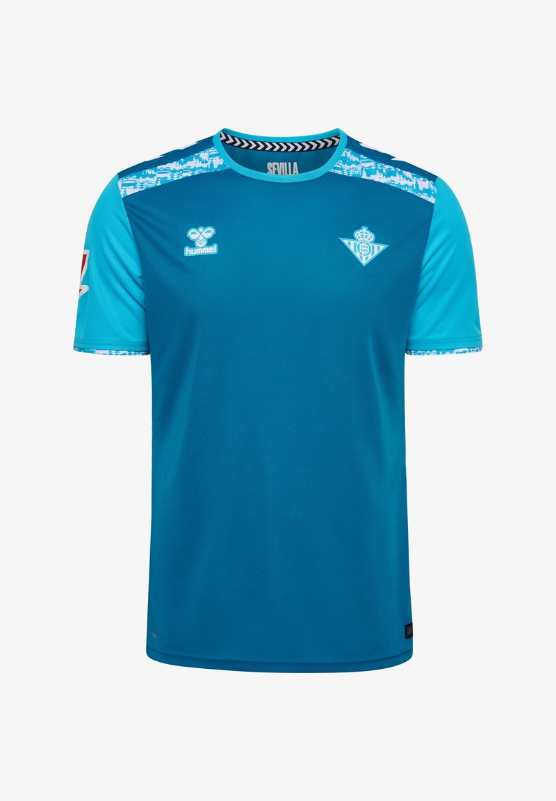 Turkusowa koszulka sportowa z okrągłym dekoltem, krótkimi rękawami i kontrastowymi niebieskimi akcentami. Posiada logo na piersi i ramieniu.