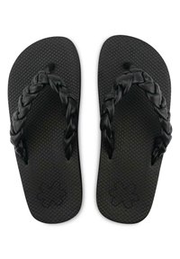 Black flip-flops with braided straps and textured, hexagonal-patterned soles. Made of rubber, featuring a minimalist design.