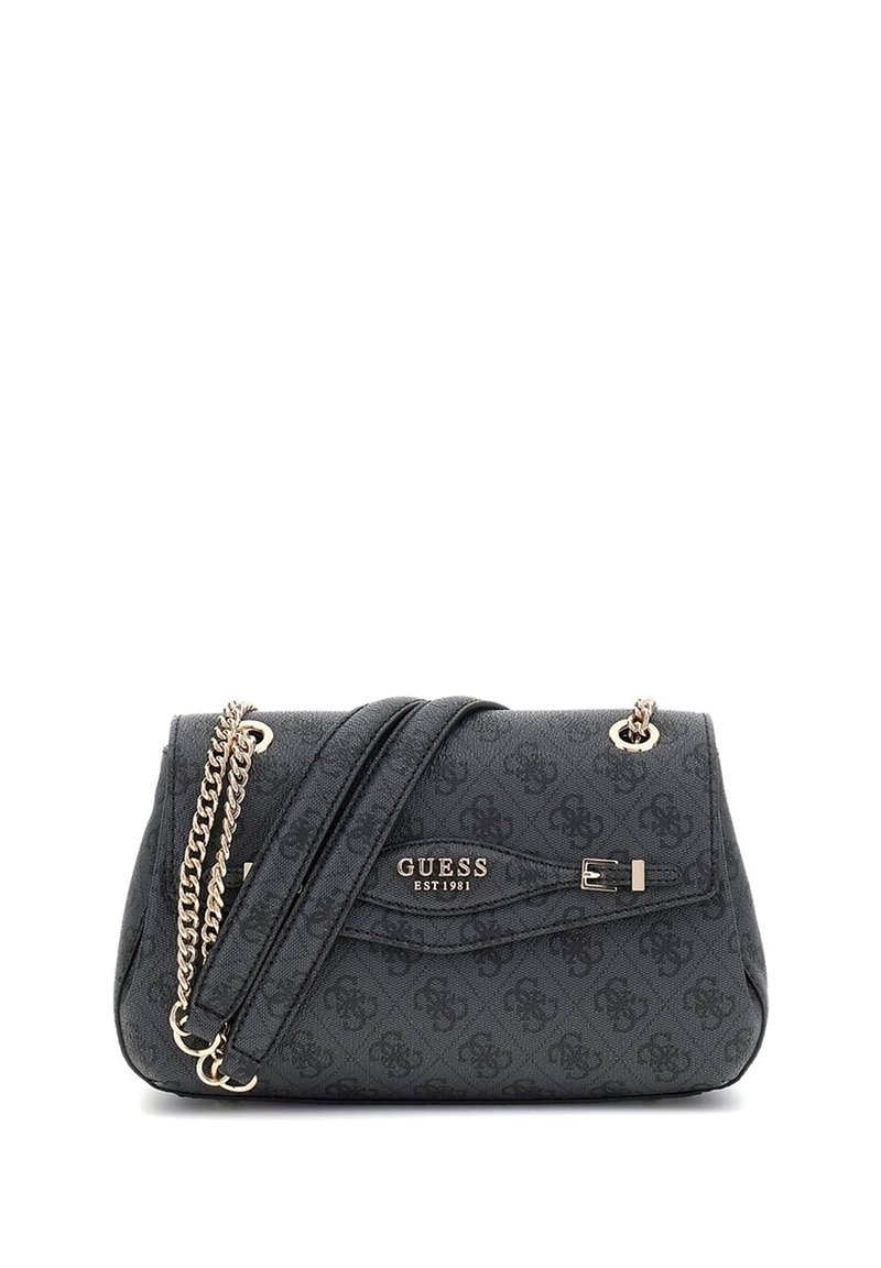 Borsa a mano in tessuto nero con motivo in rilievo del logo, hardware color oro, tracolla a catena e pattina frontale con dettaglio a chiusura.