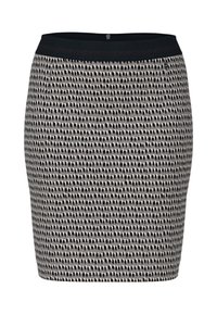 Black and white patterned skirt, fitted design, textured fabric, with a smooth black waistband; knee-length silhouette and no visible fastenings.