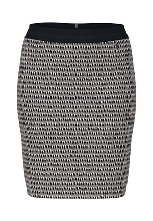 Schwarz-weiß gemusterter Rock, tailliertes Design, strukturierter Stoff, mit einem glatten schwarzen Bund; knielange Silhouette und keine sichtbaren Verschlüsse.