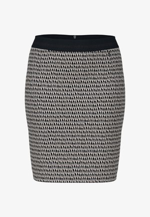 Schwarz-weiß gemusterter Rock, tailliertes Design, strukturierter Stoff, mit einem glatten schwarzen Bund; knielange Silhouette und keine sichtbaren Verschlüsse.