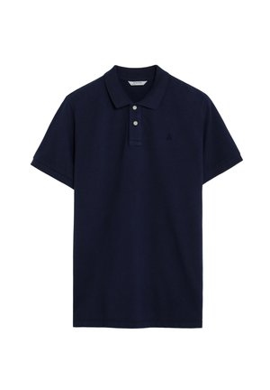 Polo azul marino de algodón, con cuello clásico, dos botones, mangas cortas y un pequeño logo bordado en el pecho.