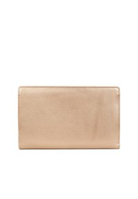 Portafoglio rettangolare in pelle beige con una texture liscia e un design pulito. Presenta cuciture minime e una superficie elegante e priva di decorazioni.