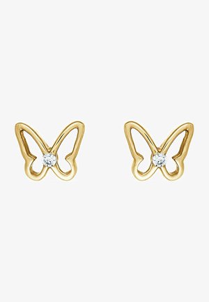 Gul sommerfugleøreringe med en klar krystal i midten, med et åbent design og glat finish.