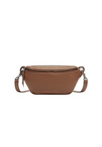 Marsupio in pelle marrone con zip nera, cintura removibile e logo del brand in rilievo discreto centrato sulla parte anteriore.