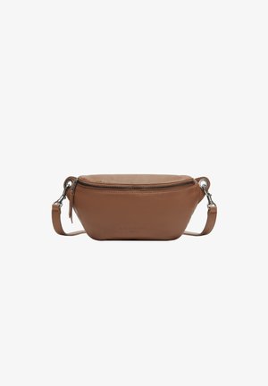 Braune Leder-Tasche mit schwarzem Reißverschluss, abnehmbarem Gurt und dezent geprägtem Markenlogo in der Mitte der Vorderseite.