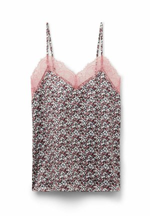 Camisole fleurie avec fines bretelles ; fond noir orné de petites fleurs blanches, roses et rouges ; bordure en dentelle rose au niveau de l'encolure.
