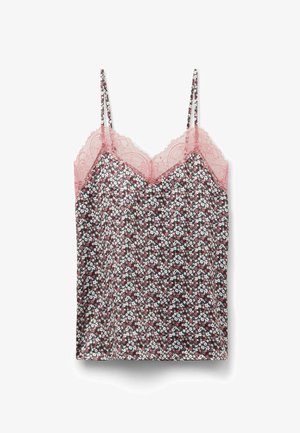 Camisole fleurie avec fines bretelles ; fond noir orné de petites fleurs blanches, roses et rouges ; bordure en dentelle rose au niveau de l'encolure.