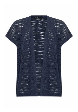 Cárdigan de punto de crochet azul marino con abertura frontal, mangas cortas y un patrón suelto y aireado.