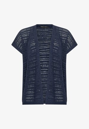 Marineblauwe opengewerkte gebreide vest met korte mouwen en een losse, luchtige patroon.