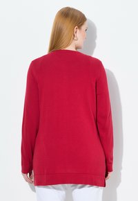 Roter Pullover mit langen Ärmeln und Rundhalsausschnitt, leichtes Strickmaterial und seitliche Schlitze am Saum für zusätzliche Bewegungsfreiheit.