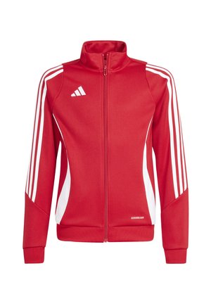 Rode zip-up jas met witte accenten en drie verticale strepen op elke mouw. Gemaakt van een glad, atletisch materiaal. Beschikt over een hoge kraag.