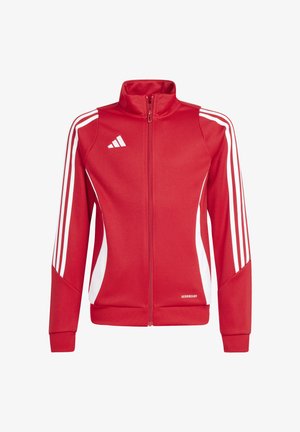 Red zip-up jacket with white accents and three vertical stripes on each sleeve. Made from a smooth, athletic material. Features a high collar.