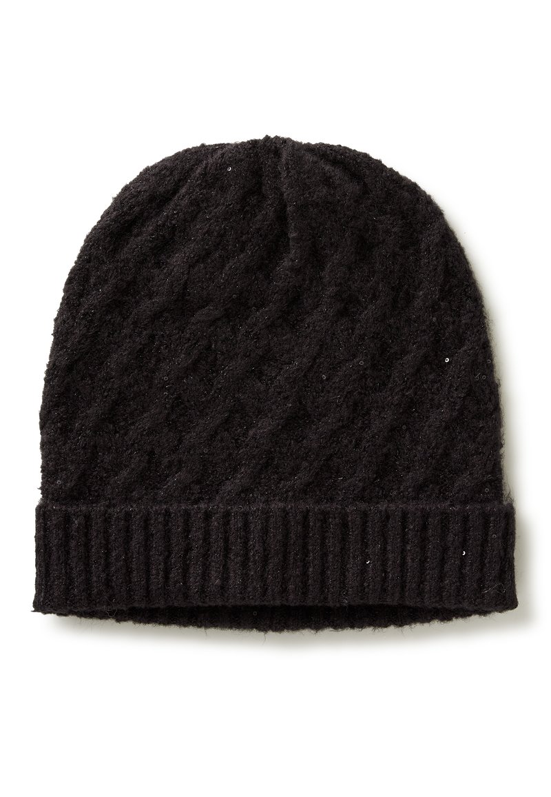 Schwarze Strickmütze mit einem strukturierten Rautenmuster und geripptem Bund, aus weichem Material für Wärme hergestellt. Geeignet für den Tragen bei kaltem Wetter.