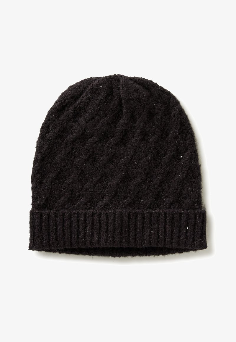 Schwarze Strickmütze mit einem strukturierten Rautenmuster und geripptem Bund, aus weichem Material für Wärme hergestellt. Geeignet für den Tragen bei kaltem Wetter.