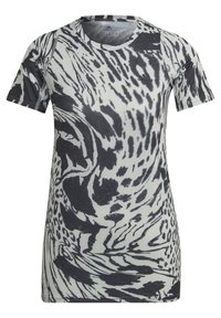 Kortærmet Adidas løbe T-shirt med sort-hvid abstrakt dyreprint og lille Adidas-logo på venstre bryst.