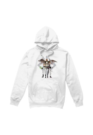 White hoodie with graphic of two standing characters in racing suits and a large winged eagle above them.