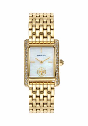Reloj de pulsera rectangular Tory Burch en tono dorado con detalles de cristal, esfera de nácar, manecillas doradas y logotipo a las 6 en punto.