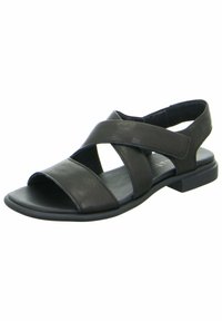Schwarze Ledersandalen mit überkreuzten Riemen, offenem Zehenbereich und niedrigem Blockabsatz. Matte Oberfläche und weiche Innenauskleidung für Komfort.